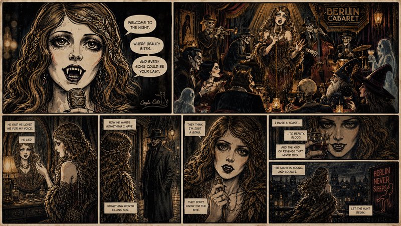 Gothic comic page following a vampire cabaret singer performing at a supernatural 1920s Berlin sp...