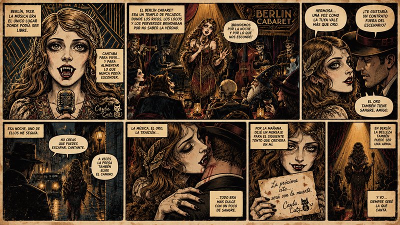 Gothic sequential comic page telling the story of a vampire cabaret singer in 1920s Berlin