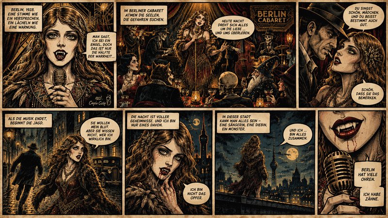 Sequential horror comic page featuring a vampire cabaret singer set in 1928 Berlin