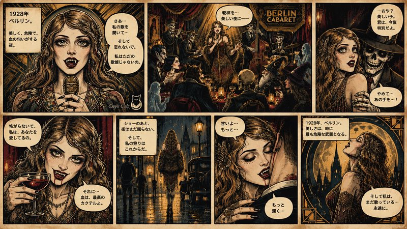 1928 Berlin cabaret horror comic page following a glamorous flapper vampire singer performing for...