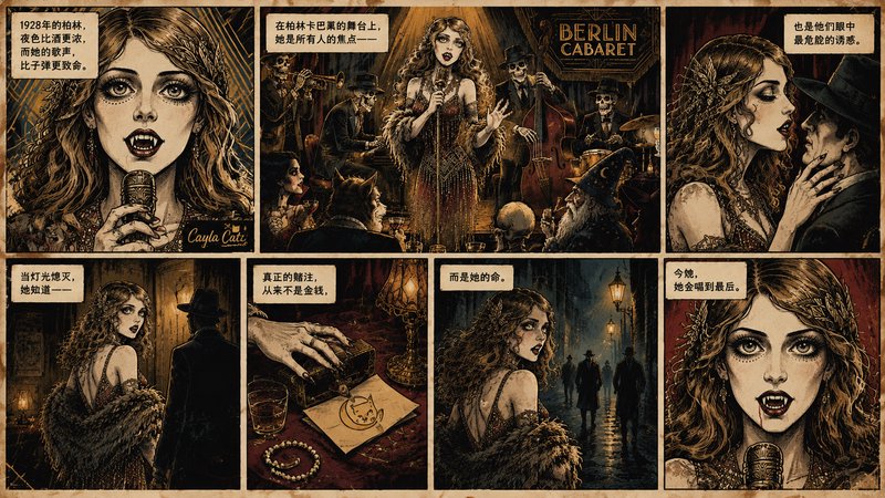 Vintage comic strip following a 1920s Berlin cabaret vampire singer performing for supernatural g...