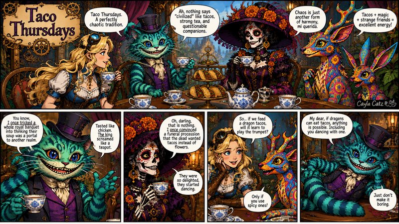 Multi-panel fantasy comic of quirky magical characters chatting over tacos and tea at a T