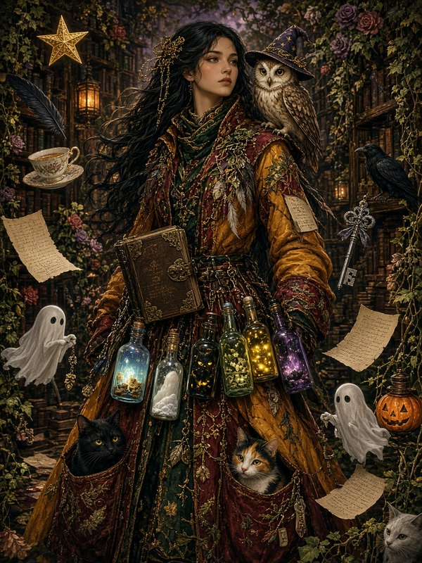 Whimsical enchanted witch stands with an owl familiar, potion bottles, cats, and ghosts in an ove...