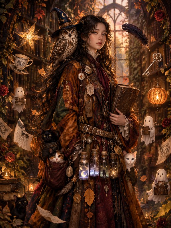 Young cottage witch stands in an enchanted overgrown library with an owl on her shoulder and cats...