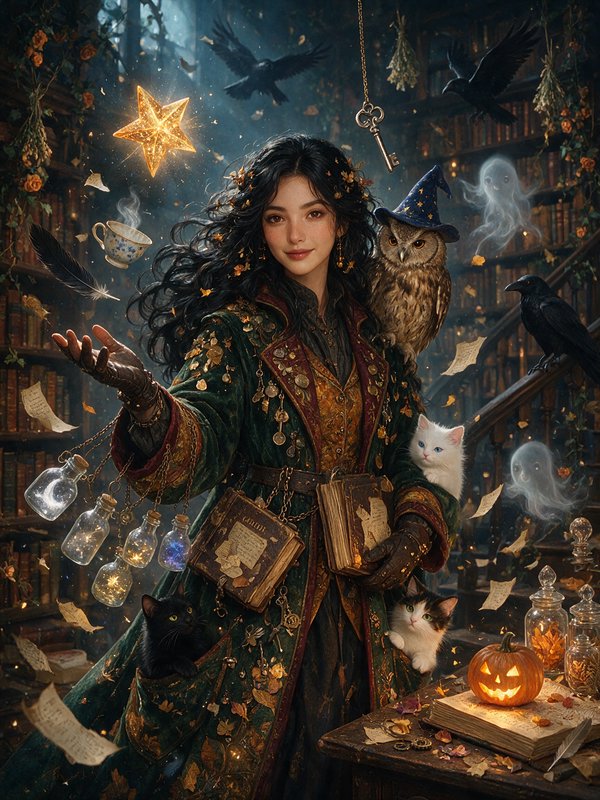 Young smiling witch conjures glowing magic in an enchanted library surrounded by animal familiars