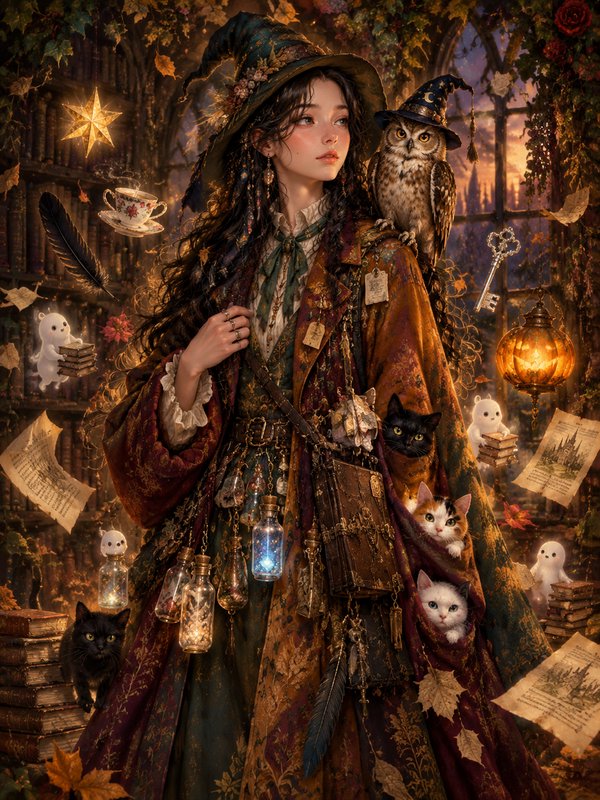 Whimsical young forest witch stands with an owl on her shoulder surrounded by magical familiars i...