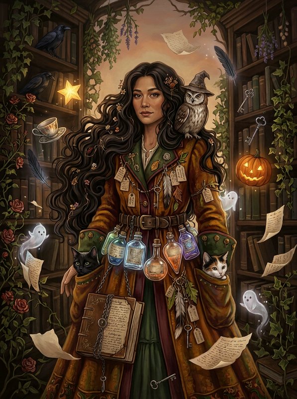 Whimsical hedge witch stands surrounded by familiars, potions, and enchanted library elements