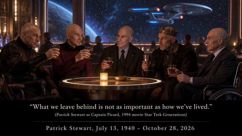 Five versions of Jean-Luc Picard toast together in a starship lounge with the USS Enterprise visi...