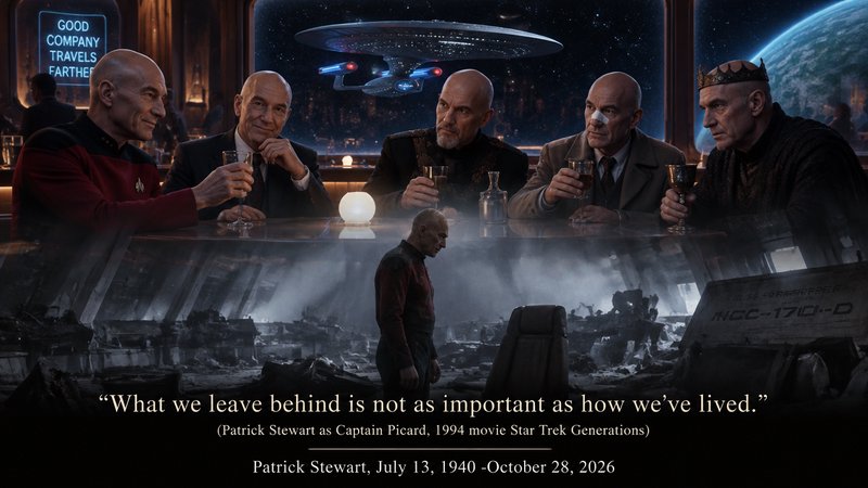 Star Trek tribute art showing multiple Jean-Luc Picard variants at a space bar above Enterprise-D...