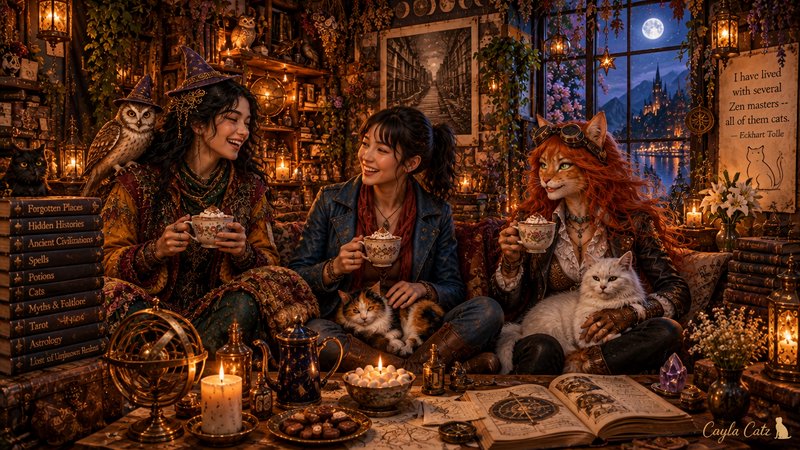 Three magical companions share hot cocoa in a cozy candlelit witch cottage on a full moon night.
