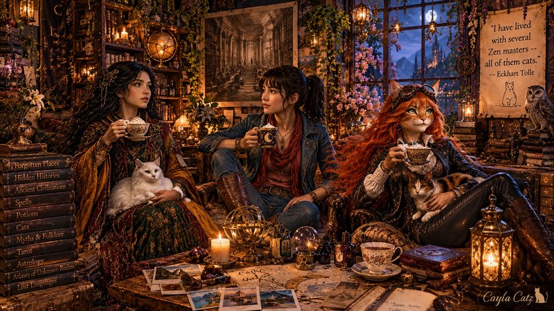 Three fantasy companions including a cat-person enjoy tea in a cozy candlelit magical library at ...