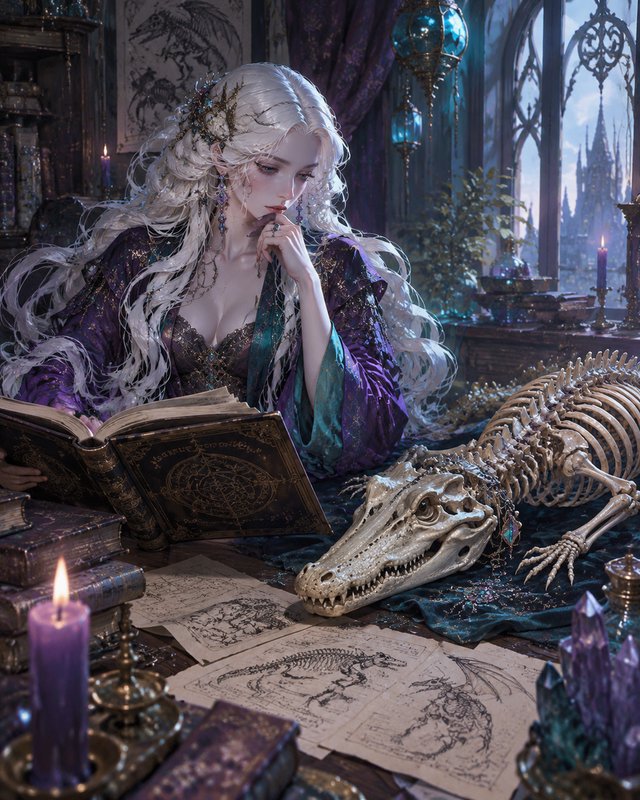 Long white haired sorceress reads an ornate grimoire beside a crocodile skeleton in a gothic towe...