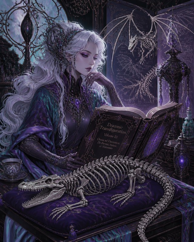 White haired arcane sorceress studies a draconic magic grimoire beside skeletal dragon familiars ...