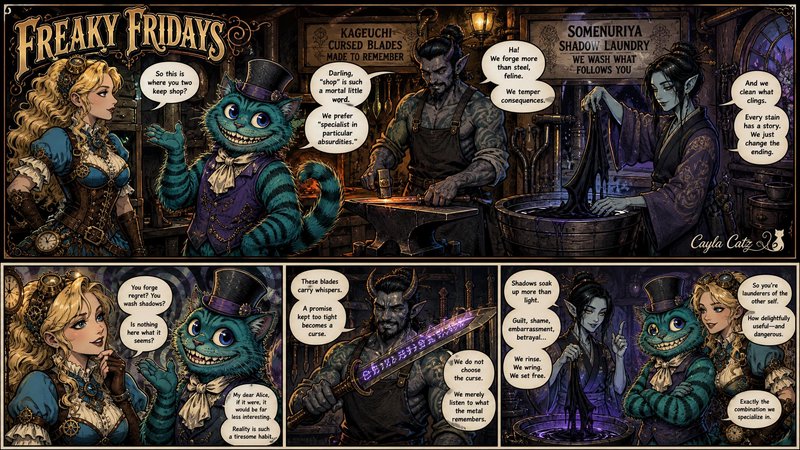 Steampunk fantasy comic panel of Alice and Cheshire Cat visiting a cursed blade and shadow magic ...