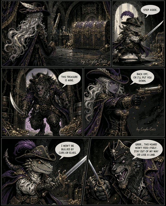 Dark fantasy multi-panel comic showing three pirate characters facing off over a treasure vault h...
