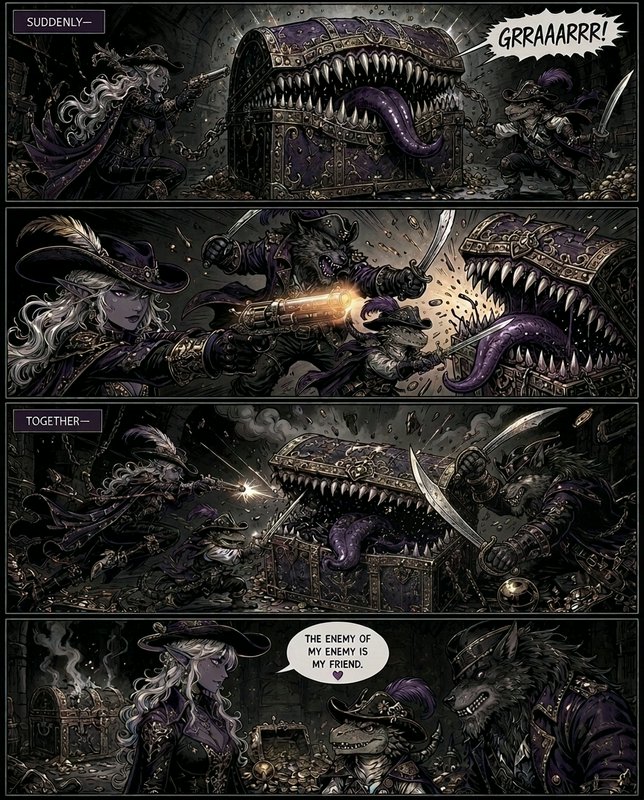Four panel dark fantasy comic showing adventurers fighting a mimic treasure chest in a loot-fille...