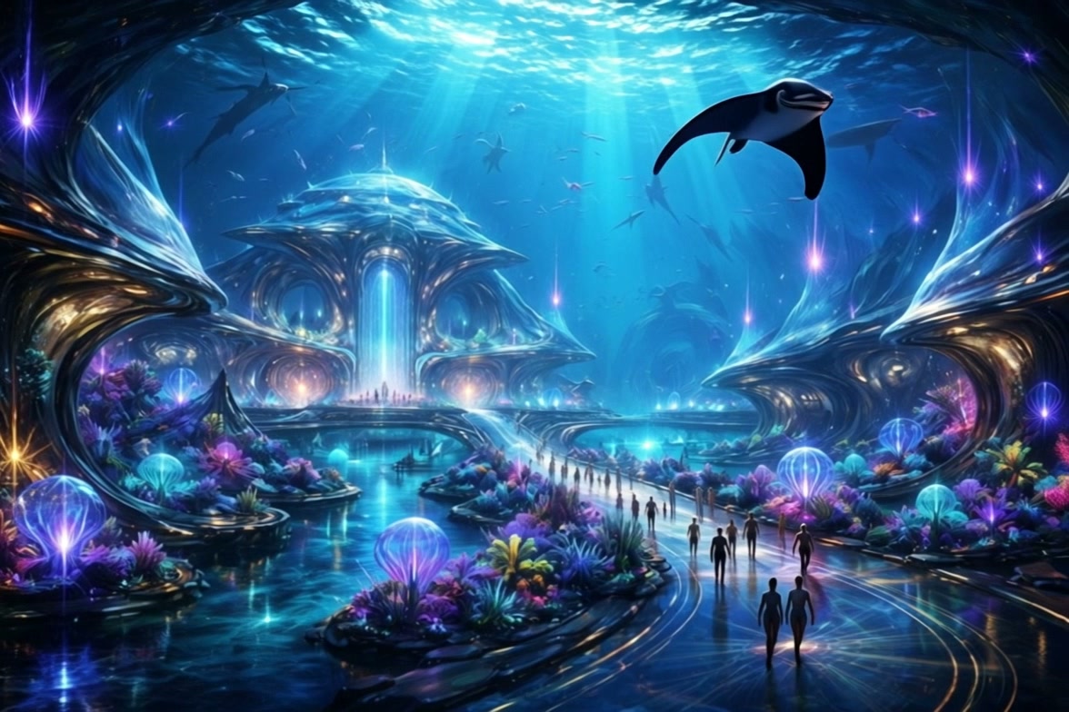 Fantasy underwater city with luminous structures, teal-blue hues, and travelers walking along a g...
