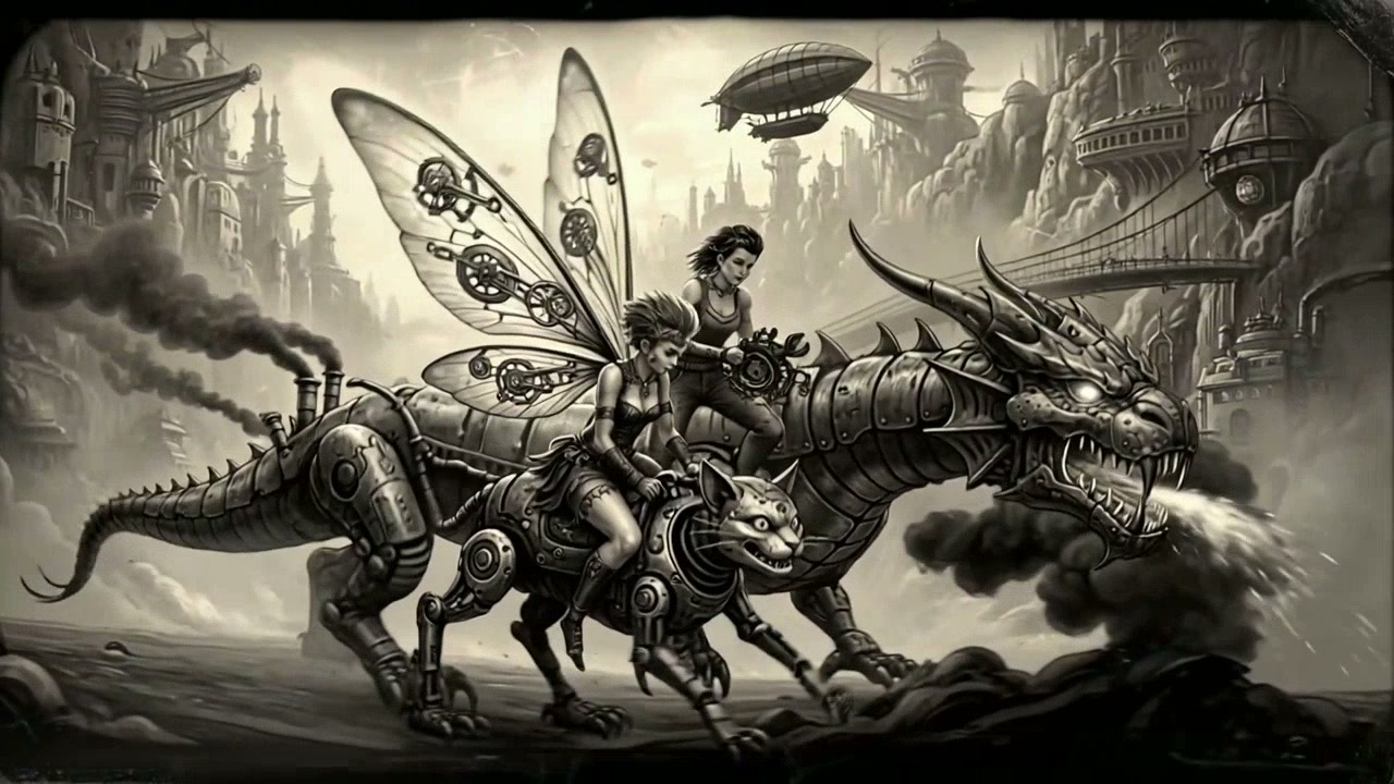 Steampunk dragon with two riders on a gear-filled, metallic dragon in a smoky, dystopian cityscape.
