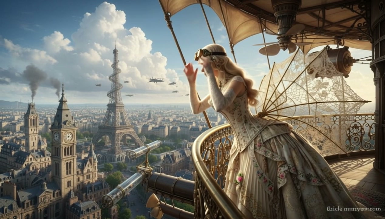 Steampunk Victorian woman on an ornate balcony over Paris with the Eiffel Tower and airships.