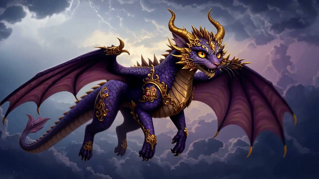 Purple dragon with gold armor flying above cloudy stormy sky