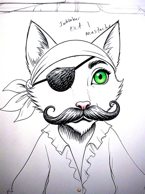 Cartoon cat with an eye patch, bright green eye, curled mustache, bandana, and ruffled shirt.