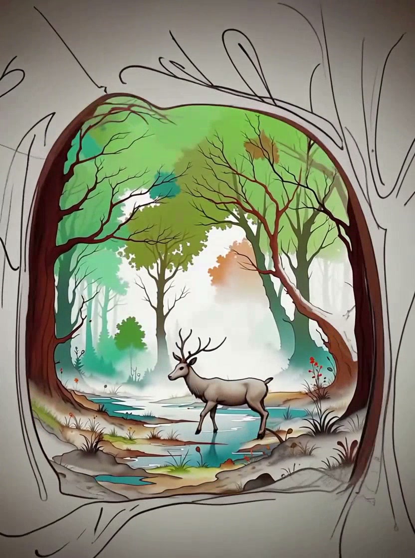 A deer stands in a tranquil forest clearing framed by an oval window-like shape.