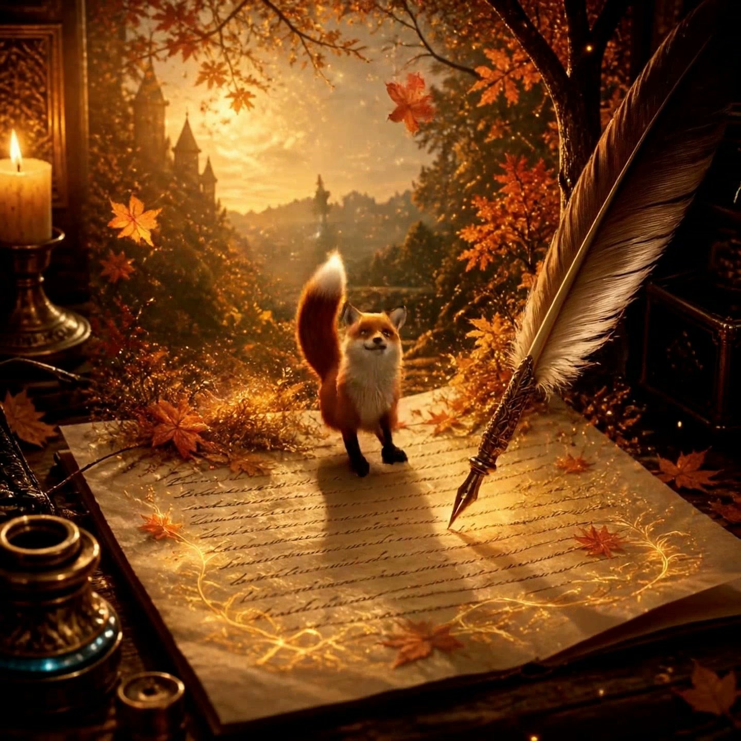 Autumnal scene with a fox on parchment beside a feather quill and candlelight, overlooking a dist...