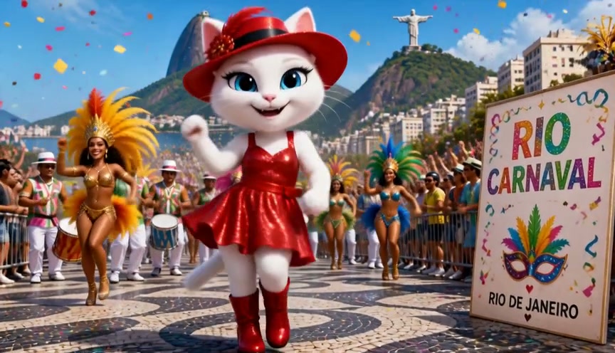 Costumed cat mascot in a red dress dancing at Rio Carnival with cheering crowd and Christ the Red...