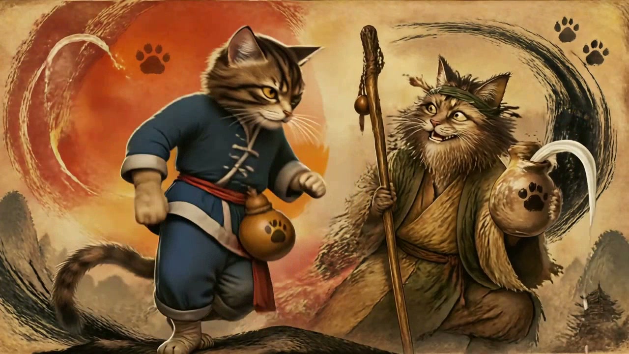Two anthropomorphic cats in martial-arts outfits face off in a stylized fantasy scene.