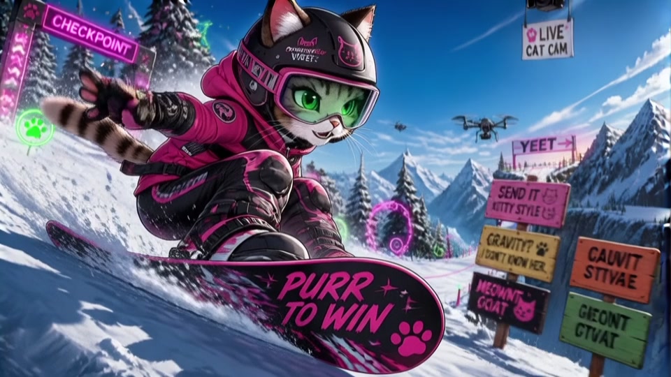 Cartoon cat snowboarder in pink gear carving a snowy slope with neon signs.