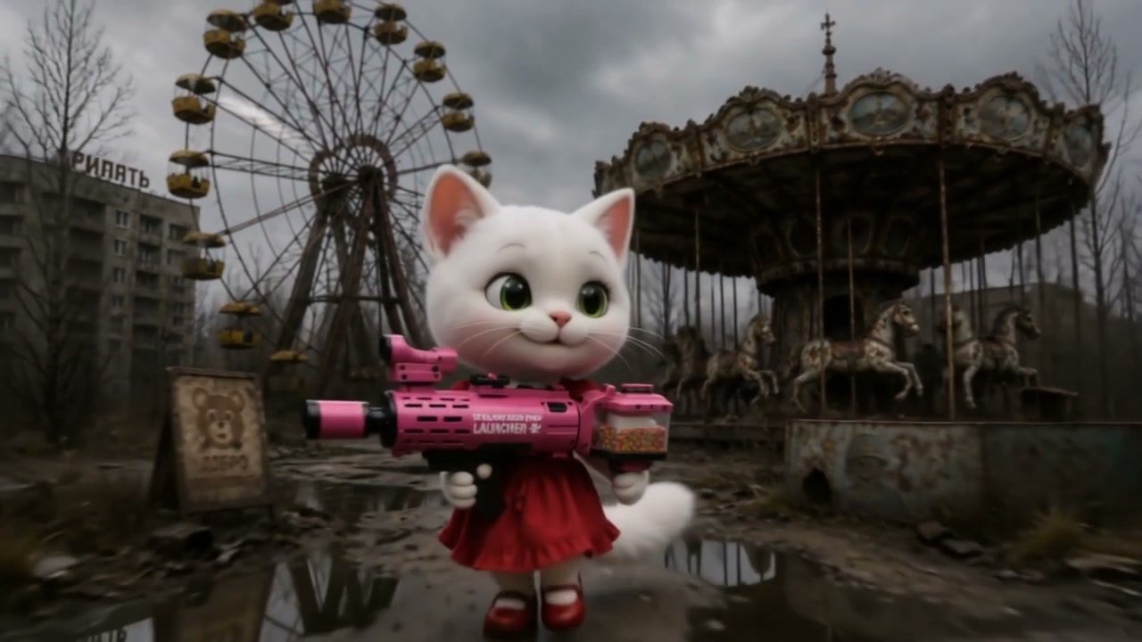 White cartoon cat in a red dress holding a pink futuristic gun in a deserted amusement park with ...