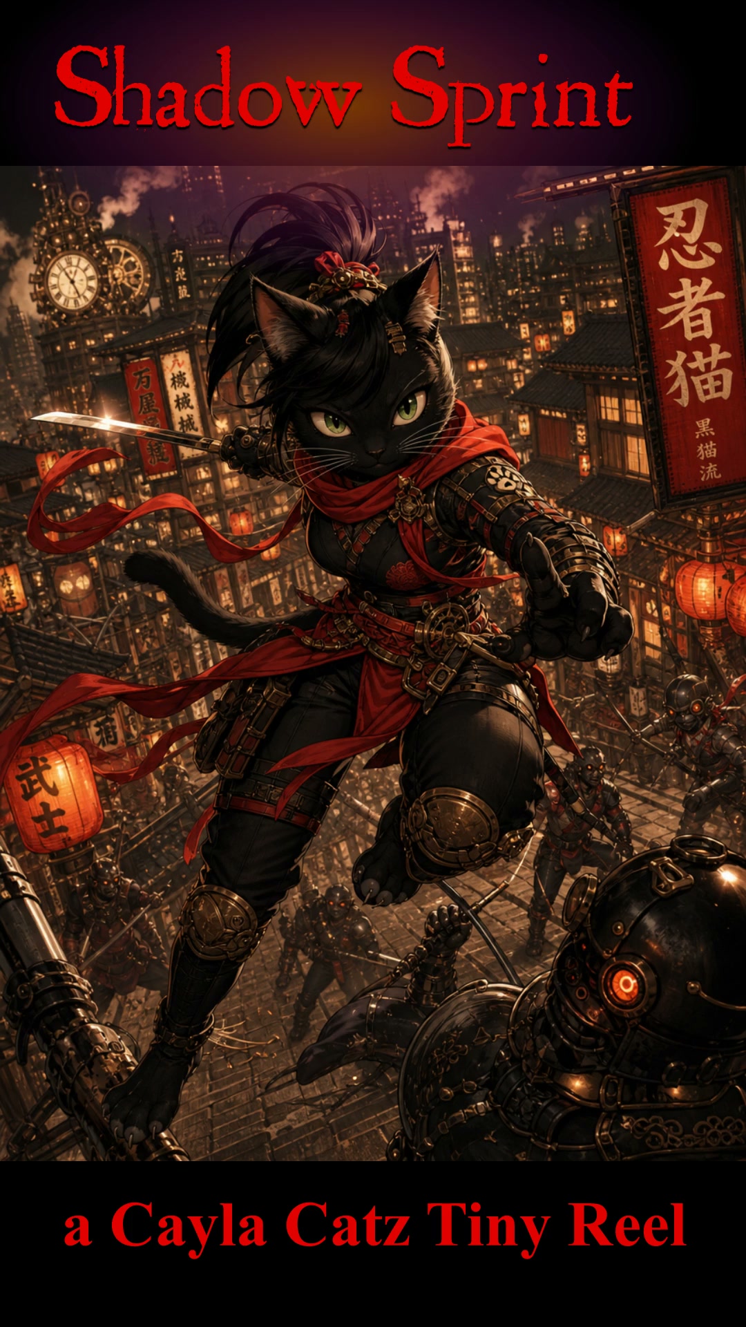 Black cat ninja in red scarf and armor leaping through a neon-lit Asian cityscape with swords and...