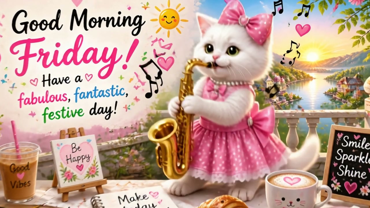 White cat in a pink dress plays a saxophone against a cheerful Friday morning backdrop.