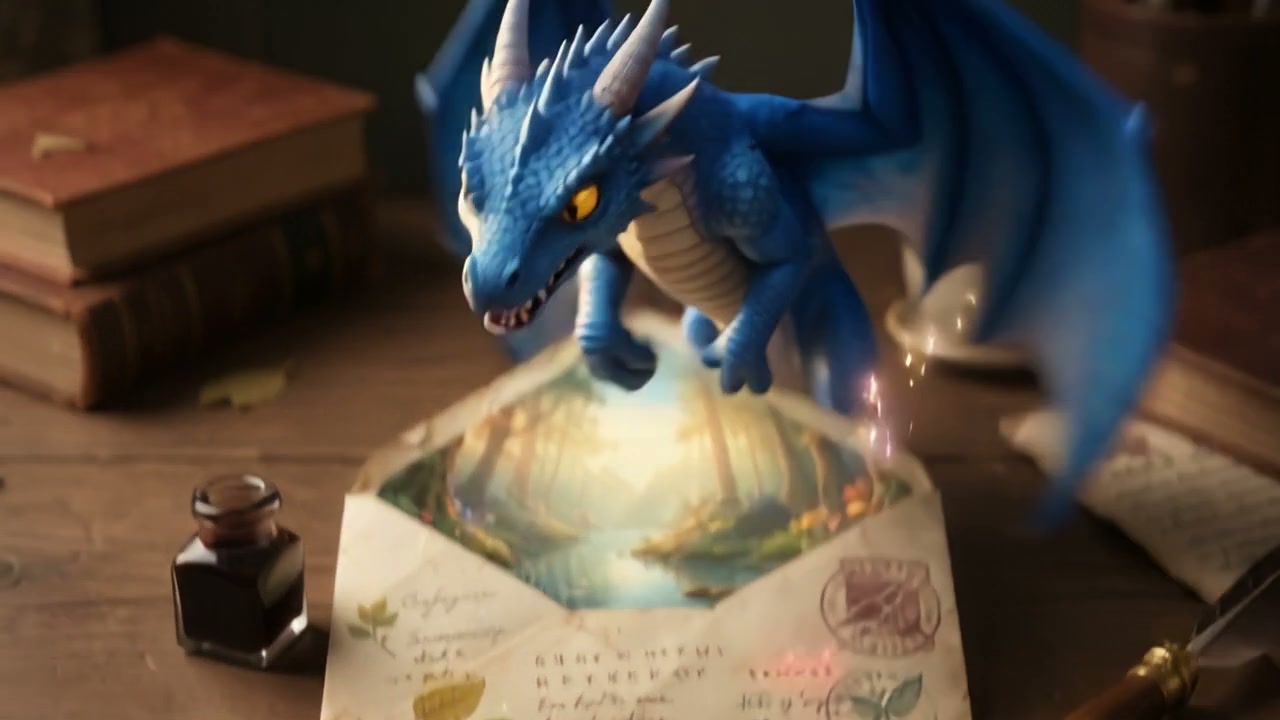 Blue dragon figurine perched on a magical letter with an ink bottle nearby.