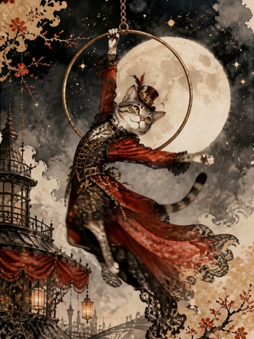 Cat in a red Victorian costume performing acrobatics inside a hoop against a full moon.