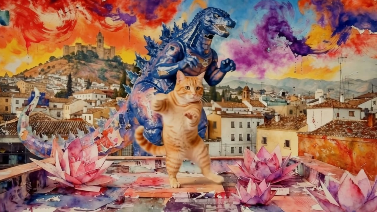 Colorful mural with a blue Godzilla-like dragon and an orange tabby cat in a vibrant cityscape.