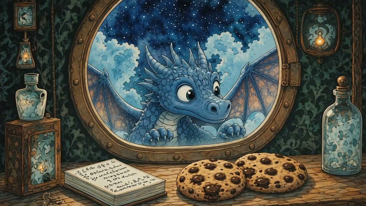 A blue baby dragon peeks through a round porthole at night, with cookies and bottles on a wooden ...