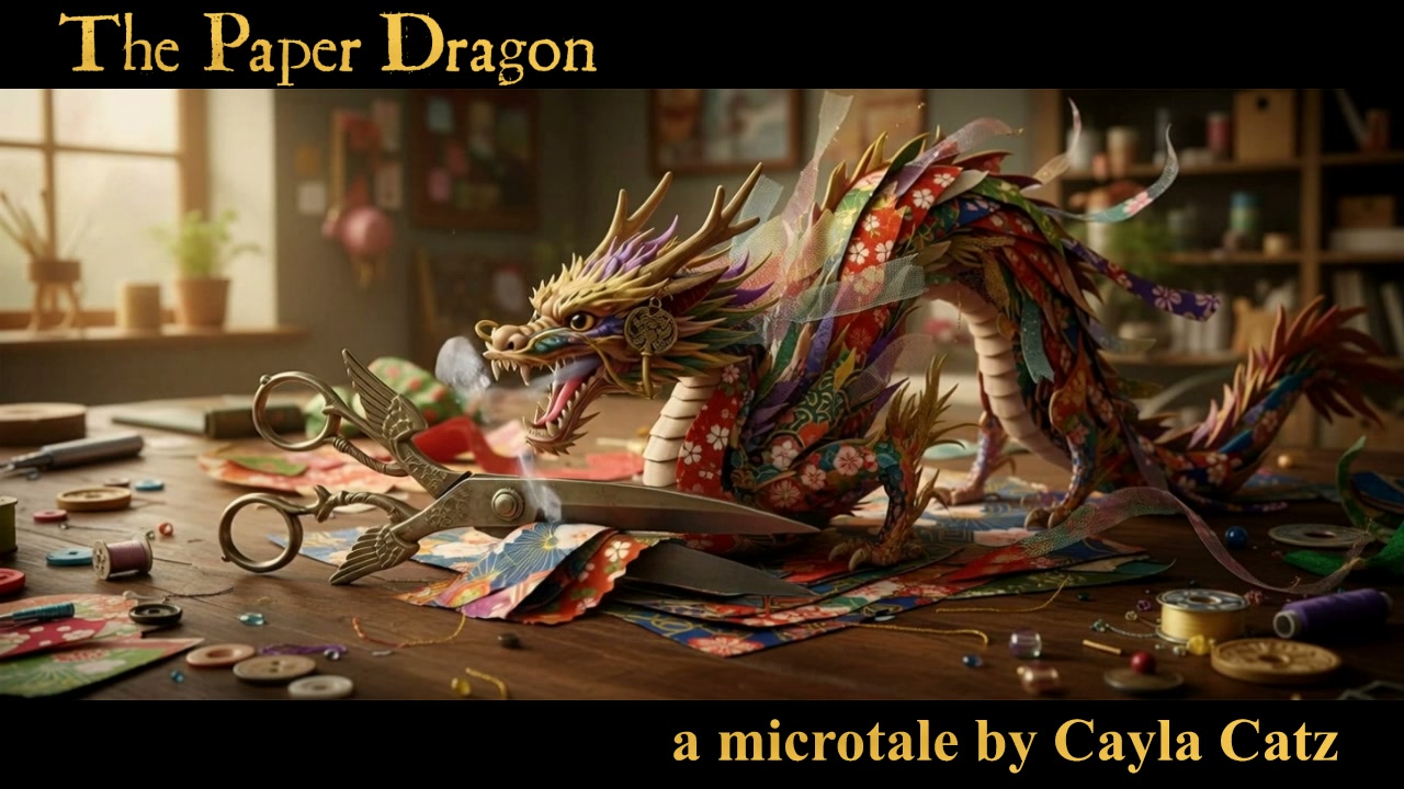A vibrant, multicolored paper dragon sculpture on a craft table with scissors and fabric scraps.