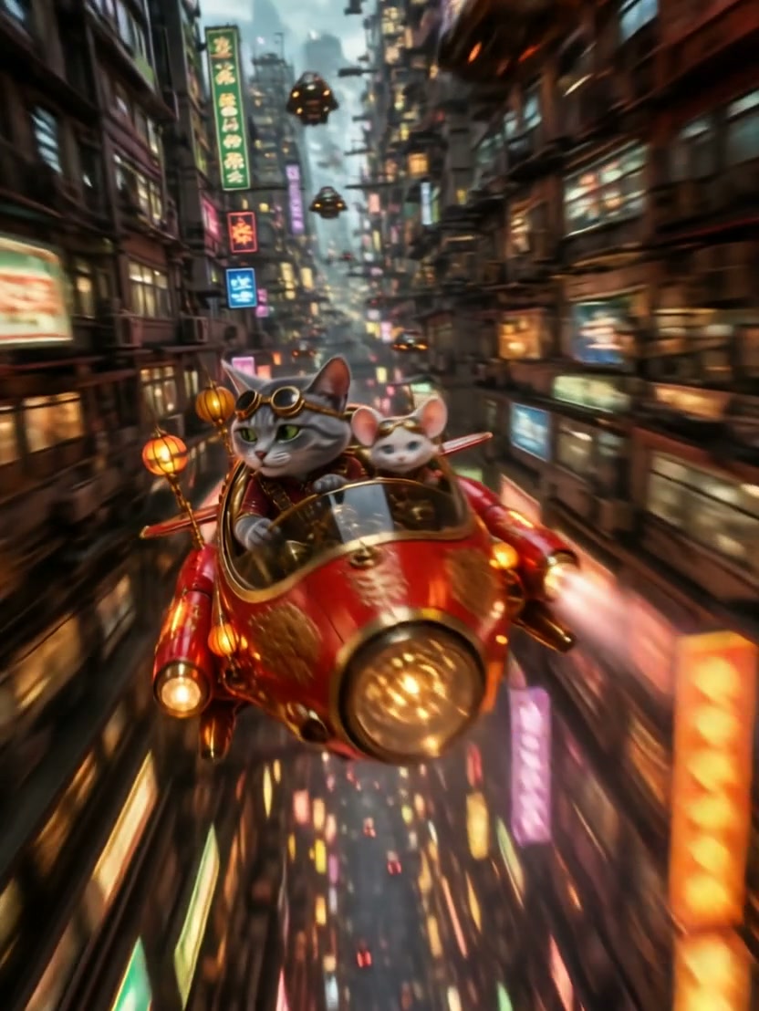 Gray tabby cat and white mouse in pilot goggles fly a red ornate pod through a neon-lit cyberpunk...