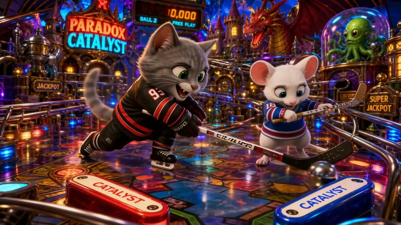 3D cartoon gray cat and white mouse in hockey uniforms face off playing hockey on a vibrant neon-...