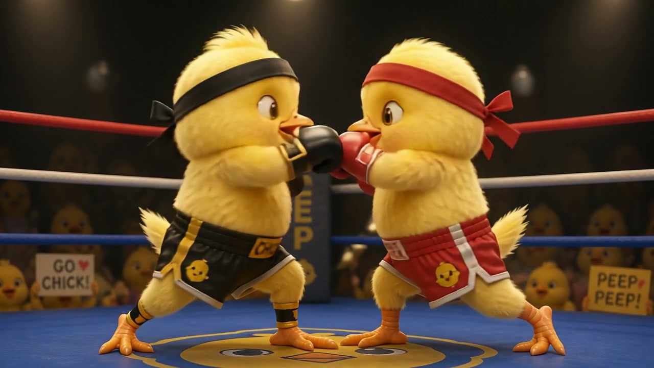 Two fluffy 3D animated yellow chicks box in a boxing ring, wearing fight gear, with a crowd of ch...