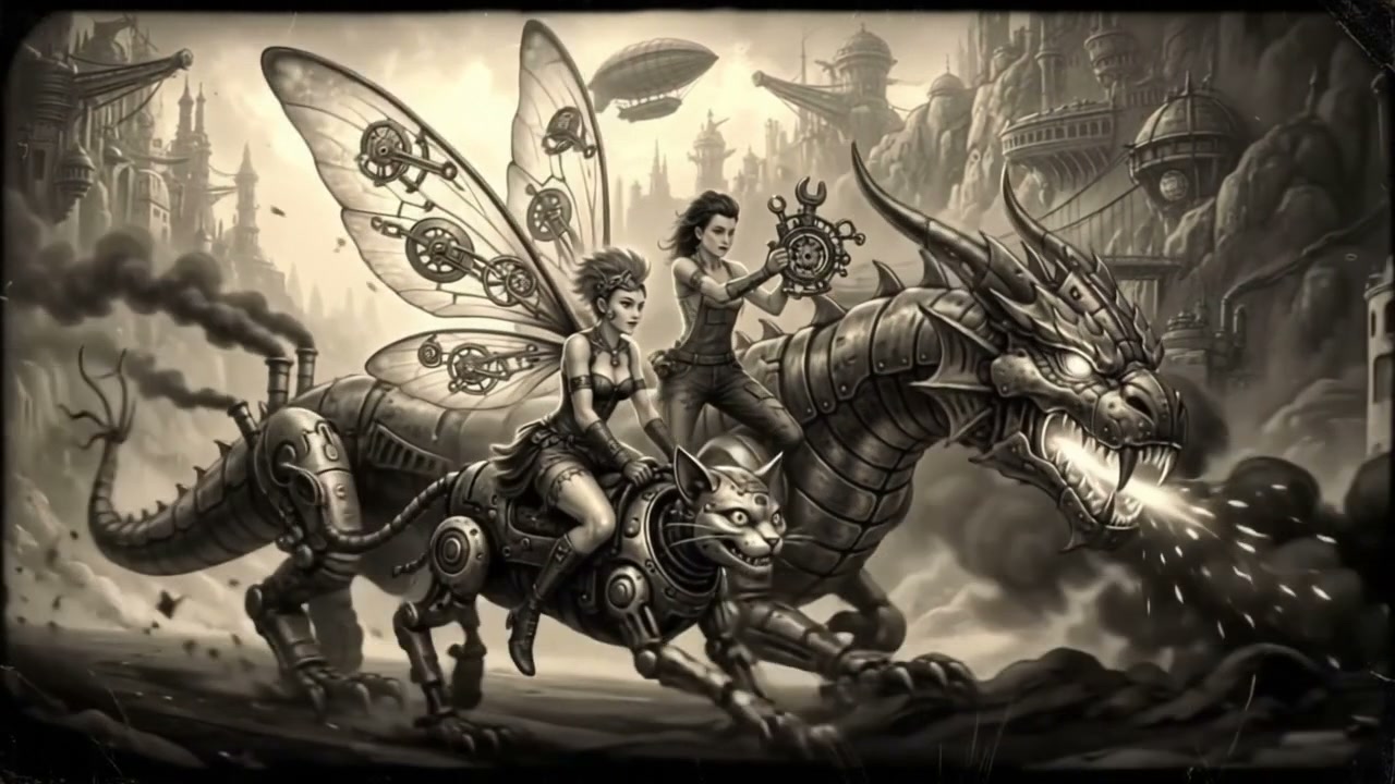 Sepia-toned steampunk fantasy art of two women riding mechanical clockwork dragon and cat, with a...
