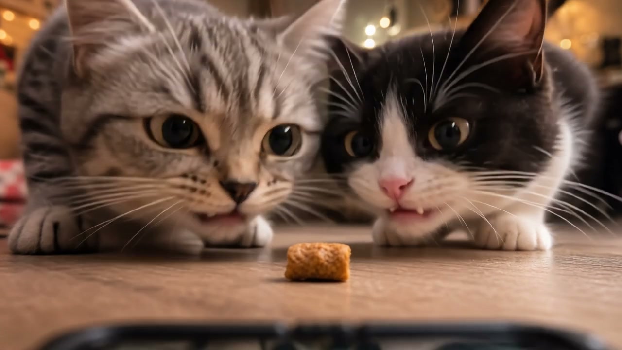 Two curious domestic cats (one silver tabby, one tuxedo) stare intently at a single cat treat kib...