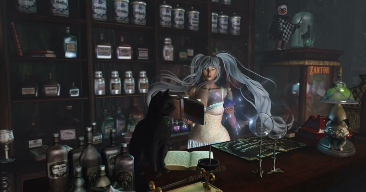 3D anime-style silver-haired witch holds a spellbook and glowing potion, with her black cat famil...