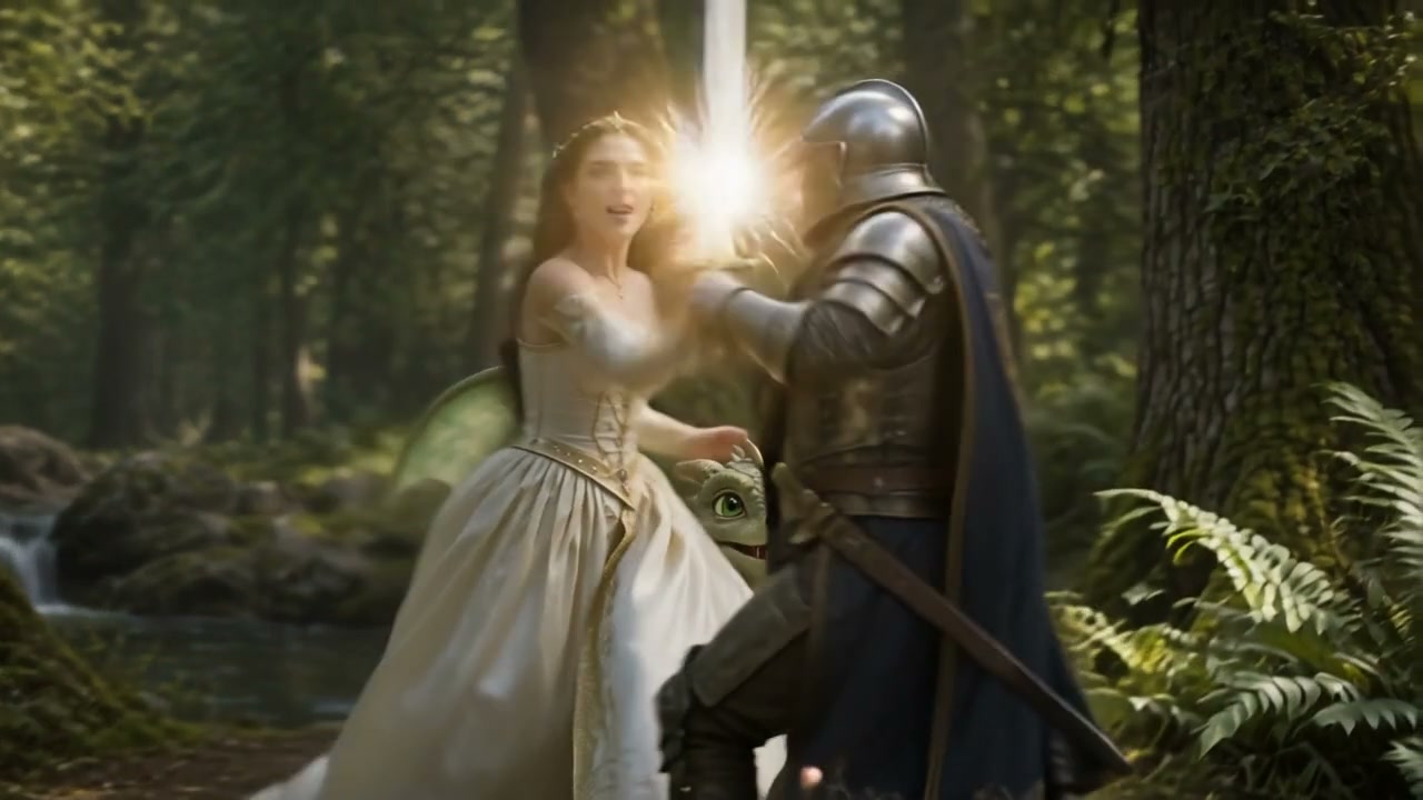 Armored medieval knight, fairytale princess, and tiny baby dragon stand between a burst of glowin...