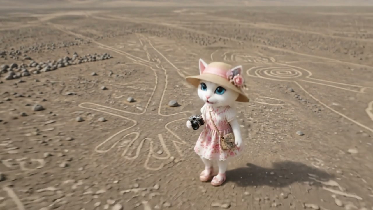 Anthropomorphic white cat tourist holding a camera stands overlooking etched Nazca Lines in an ar...