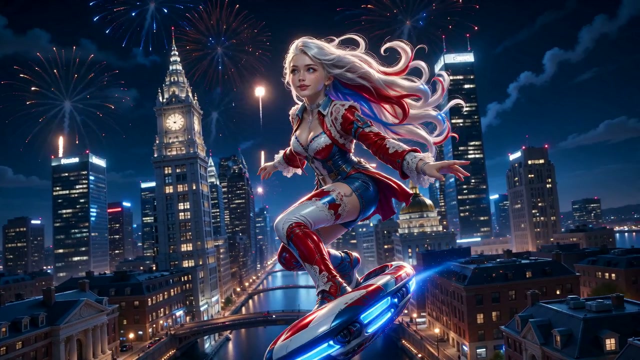 Stylized female fantasy hero rides glowing hoverboard above lit city skyline as fireworks burst a...
