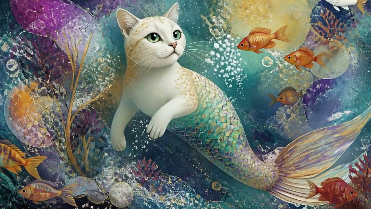 Cute fantasy purrmaid cat mermaid hybrid floats in a vibrant painterly underwater scene with trop...