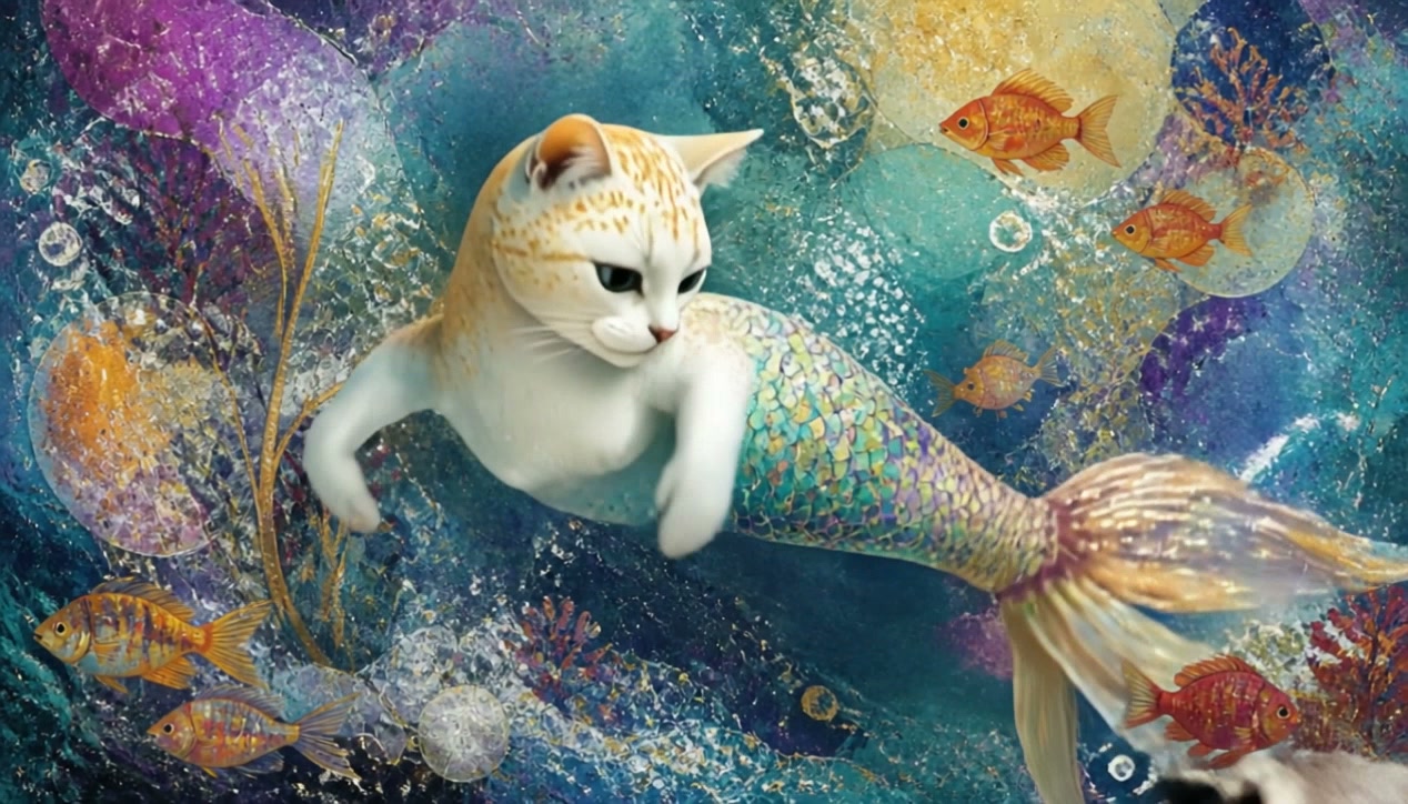 Surreal purrmaid cat with iridescent mermaid tail swims in a vibrant, textured underwater fantasy...