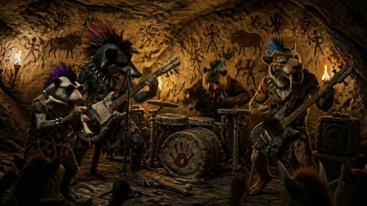 Anthropomorphic punk animal rock band performs inside a torch-lit prehistoric cave lined with anc...